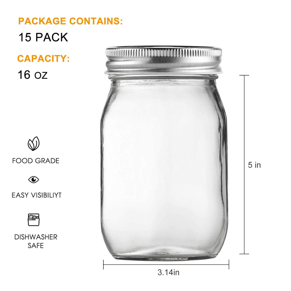 16 Pack 16 oz Glass Mason Jars with Airtight Lids and Bands H424521