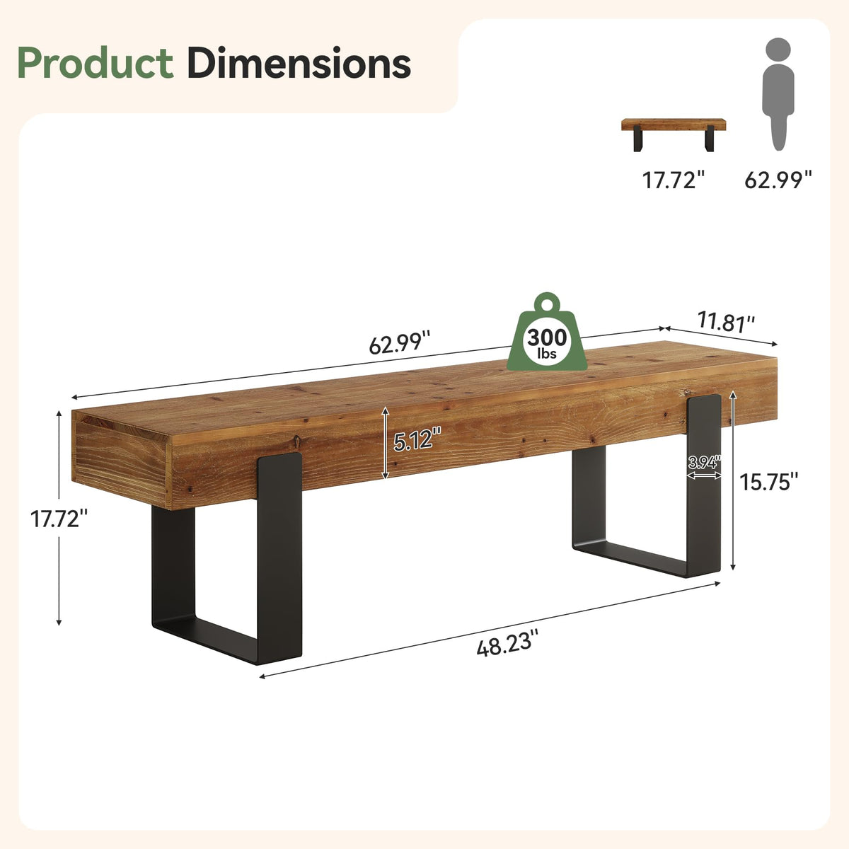 Solid Wooden Entryway Bench with Metal Legs T982588