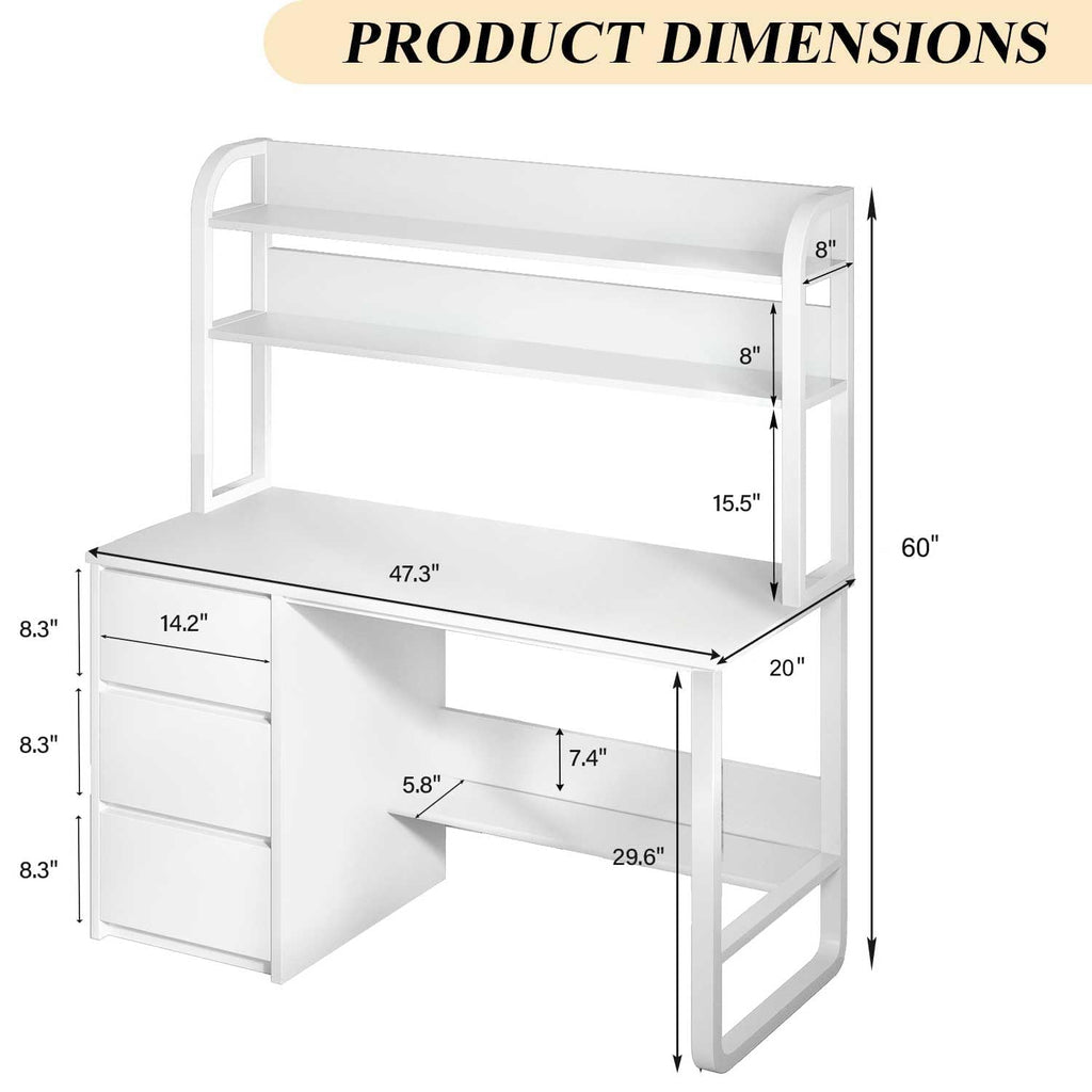 White Desk with Hutch, 47 Inch Computer Desk with 3 Drawers X630