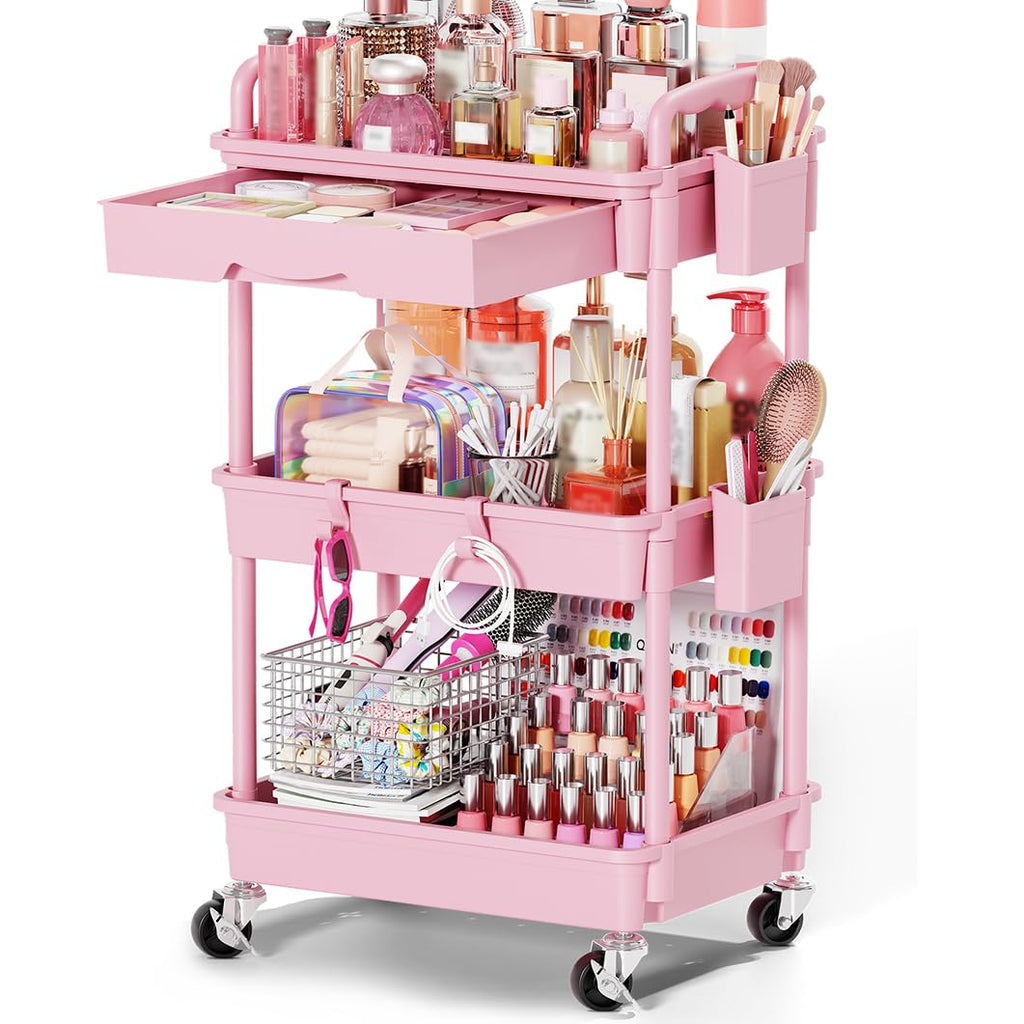 Pink 3 Tier Rolling Makeup Organizer Cart Y683933