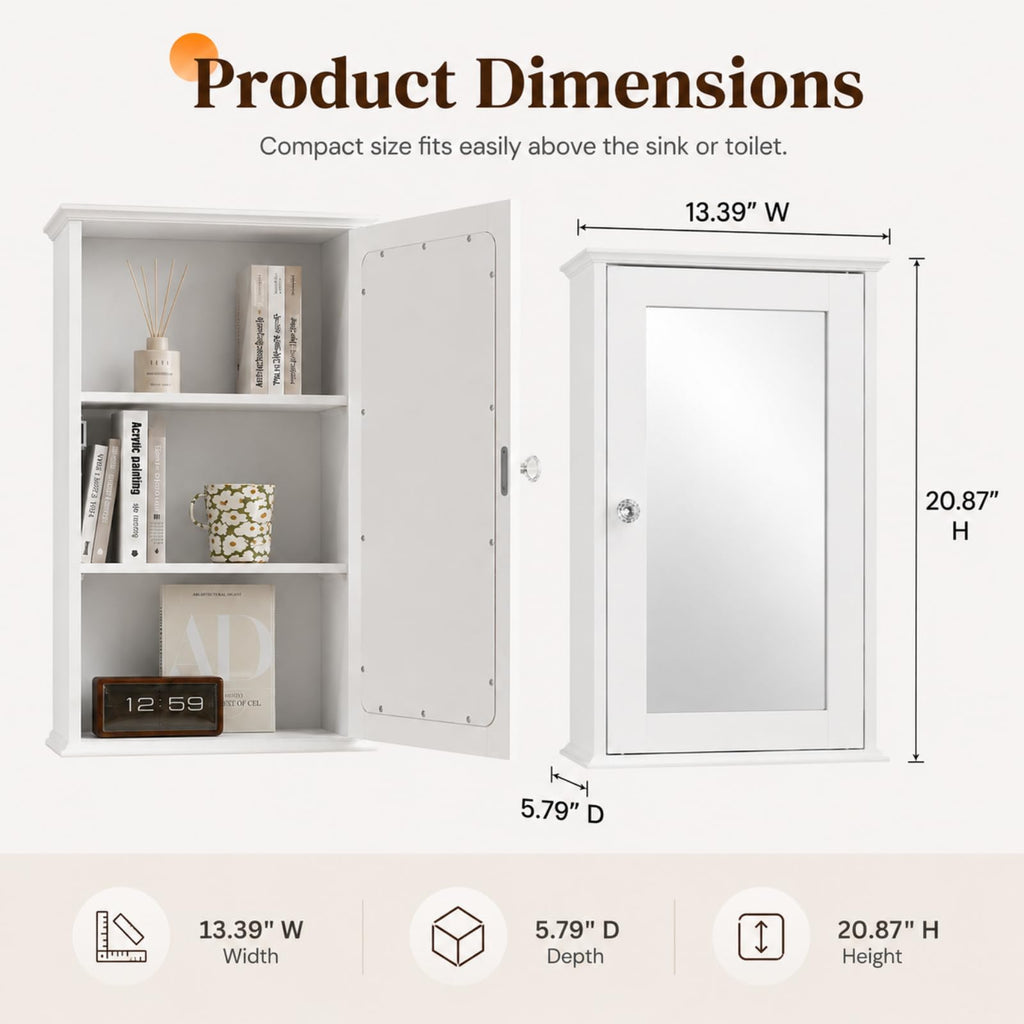 White Mirrored Medicine Cabinet with Single Door and 2 Adjustable Shelves M728104