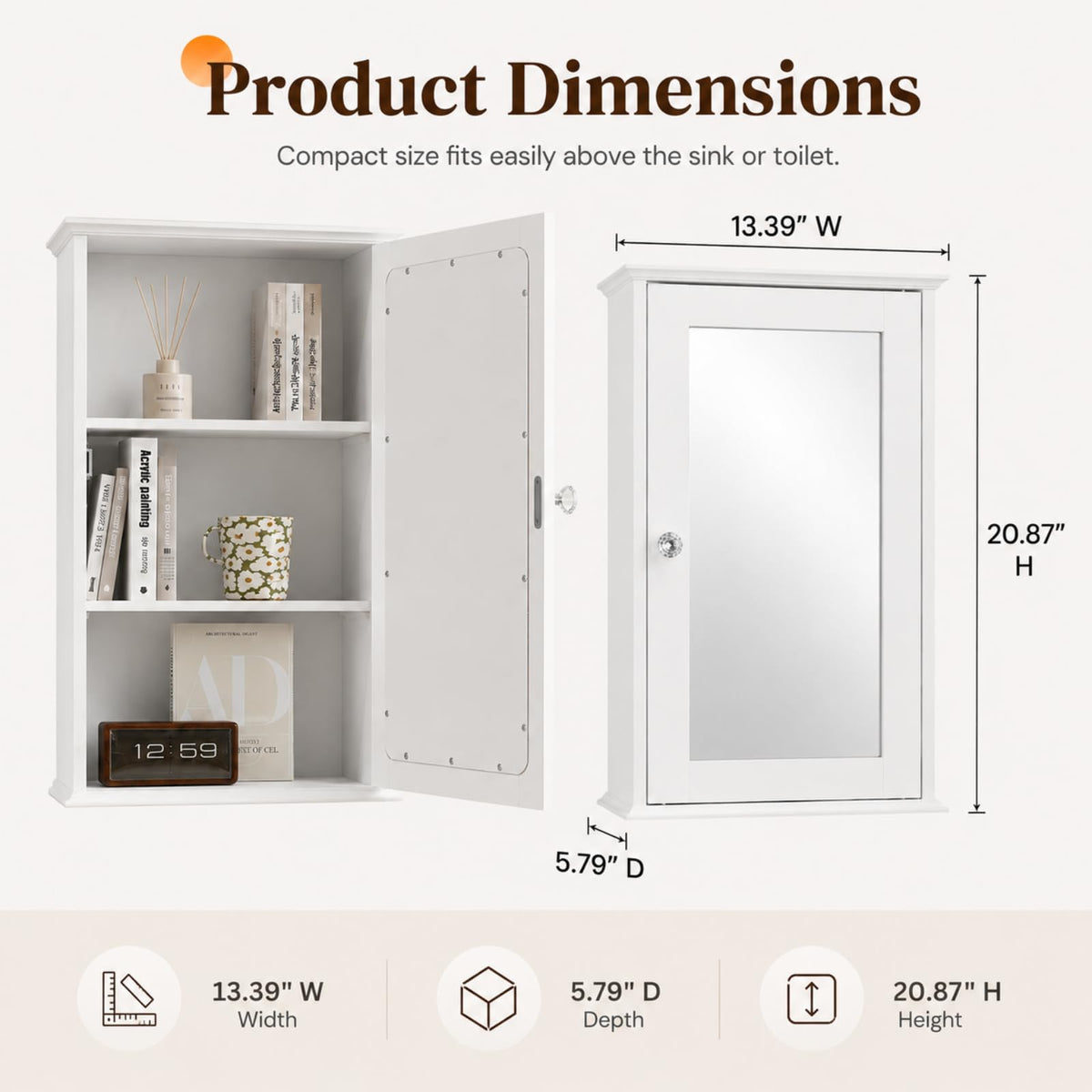 White Mirrored Medicine Cabinet with Single Door and 2 Adjustable Shelves M728104