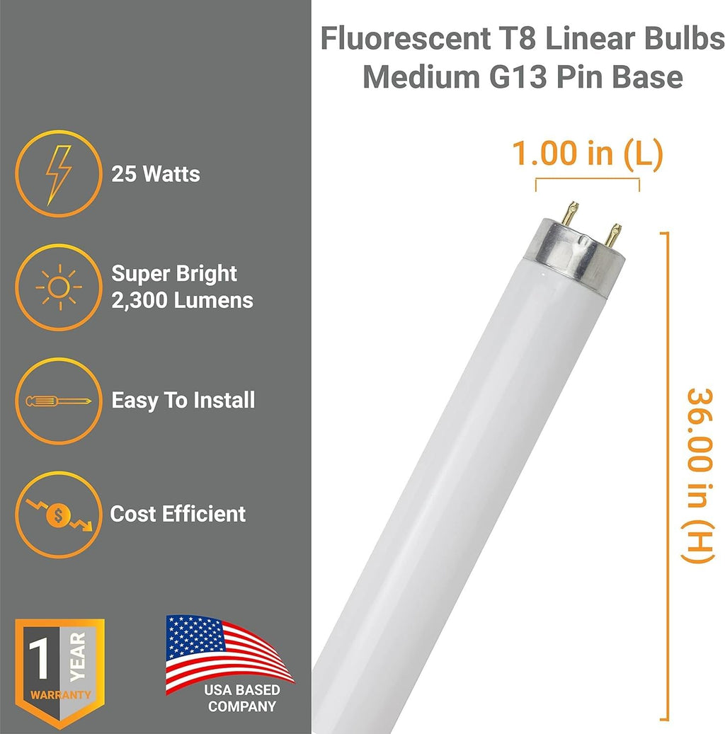 T8 Fluorescent Tube Light Bulb 25W 4100K Cool White G13 Pack of 30 B35412
