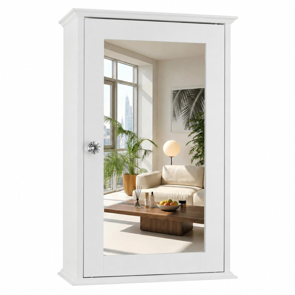 White Mirrored Medicine Cabinet with Single Door and 2 Adjustable Shelves M728104