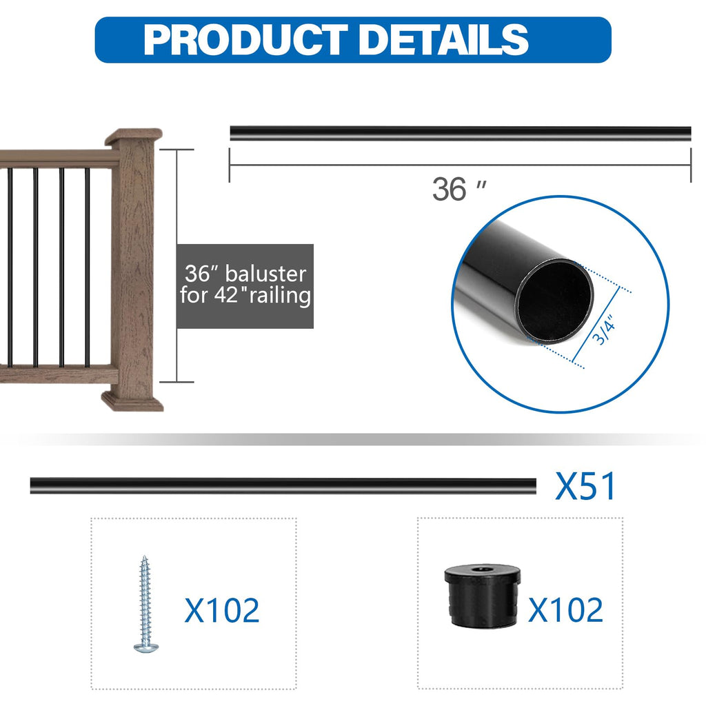 51 Pack 36" Black Aluminum Deck Balusters I961