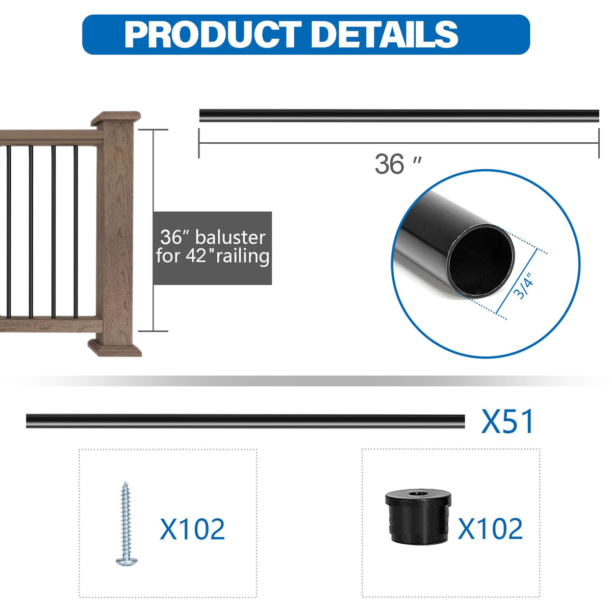 51 Pack 36" Black Aluminum Deck Balusters I961