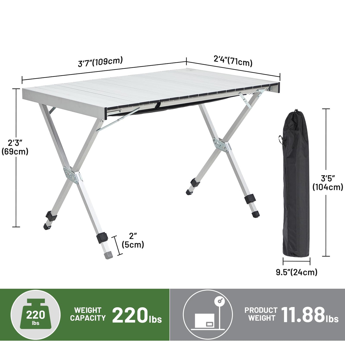 Folding Camping Table Adjustable Height Lightweight Aluminum G967742