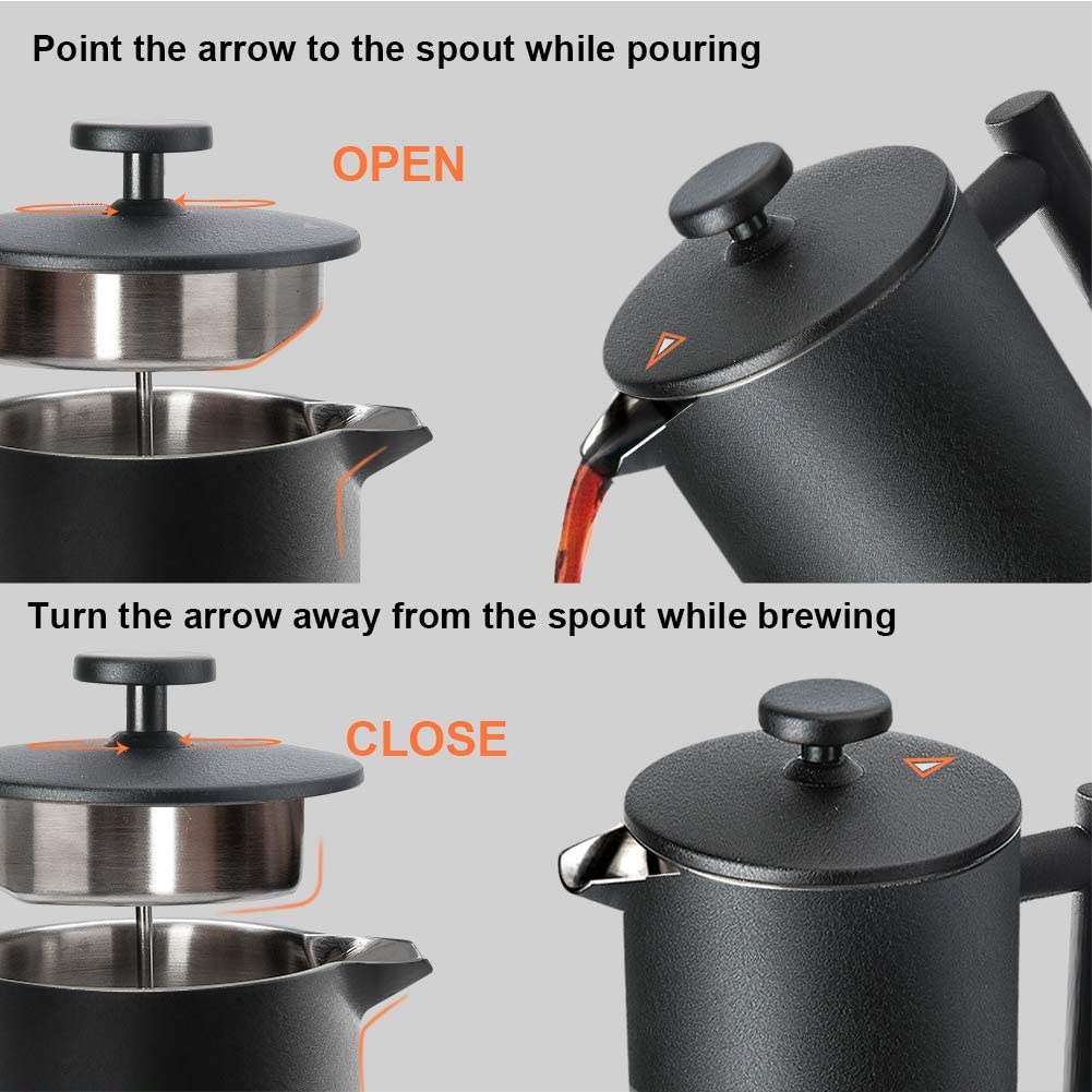 French Press Coffee Maker, 304 Grade Stainless Steel Insulated, 34oz, Black H124246