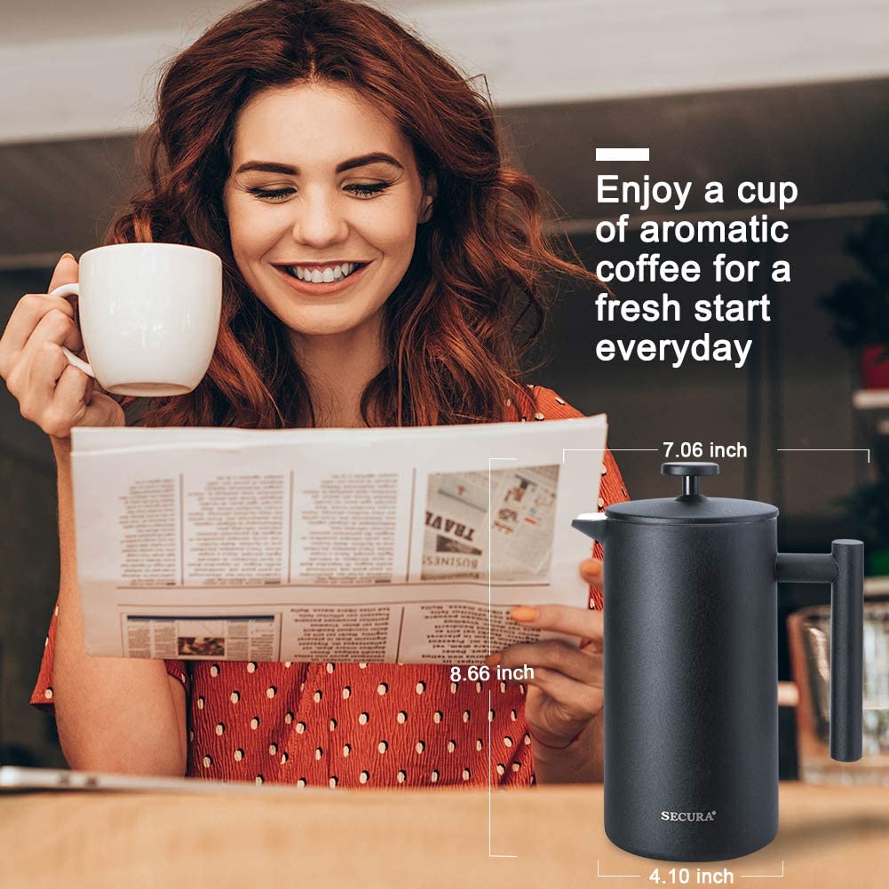 French Press Coffee Maker, 304 Grade Stainless Steel Insulated, 34oz, Black H124246
