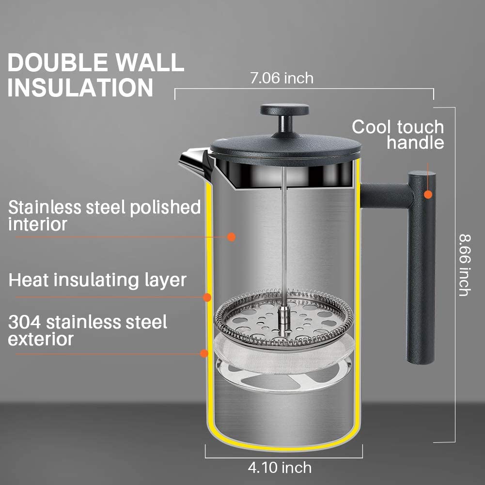 French Press Coffee Maker, 304 Grade Stainless Steel Insulated, 34oz, Black H124246