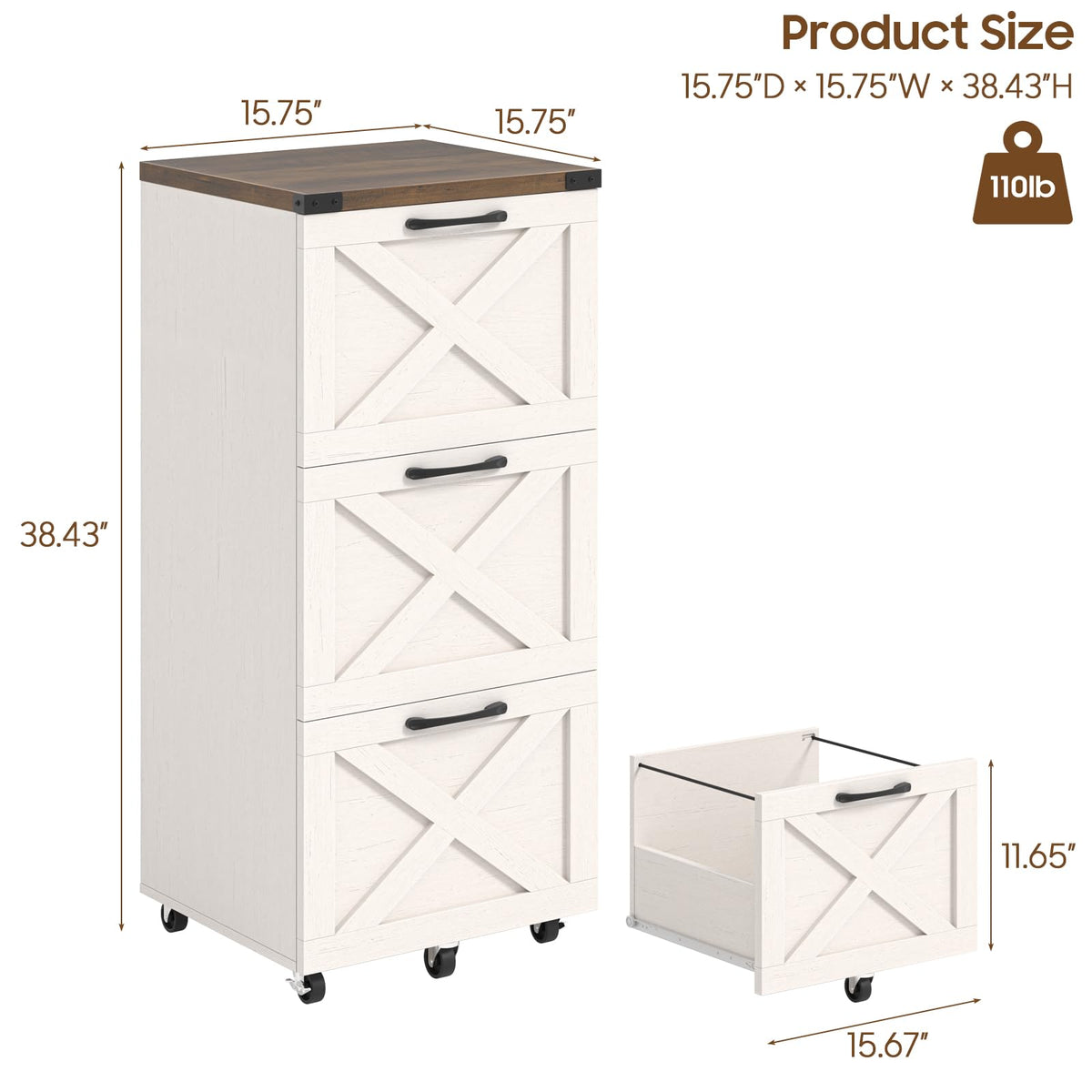 3 Drawer White File Cabinet with Wheels N631