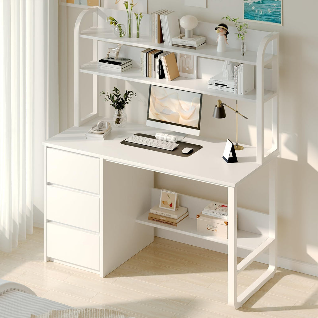 White Desk with Hutch, 47 Inch Computer Desk with 3 Drawers X630