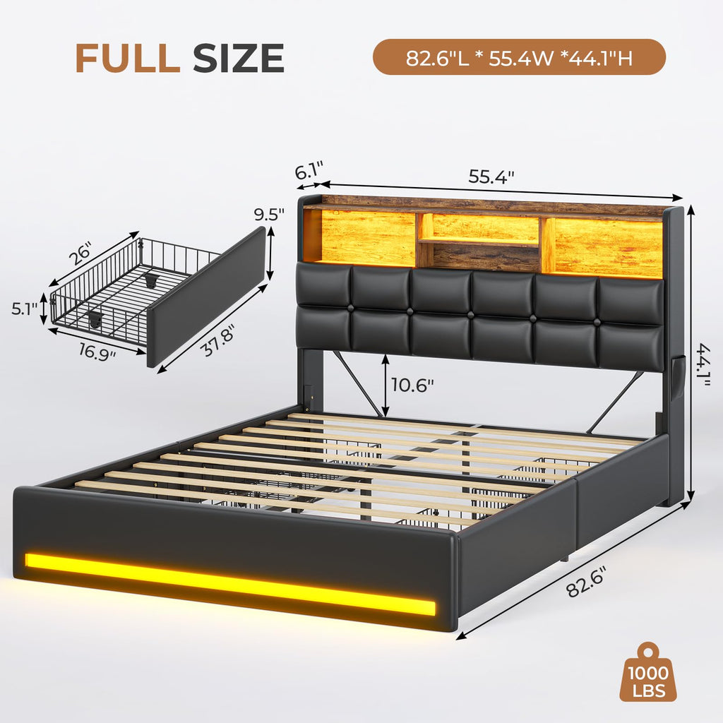 Black Full Size Upholstered Platform Bed Frame with Bookcase Headboard and 4 Drawers P907