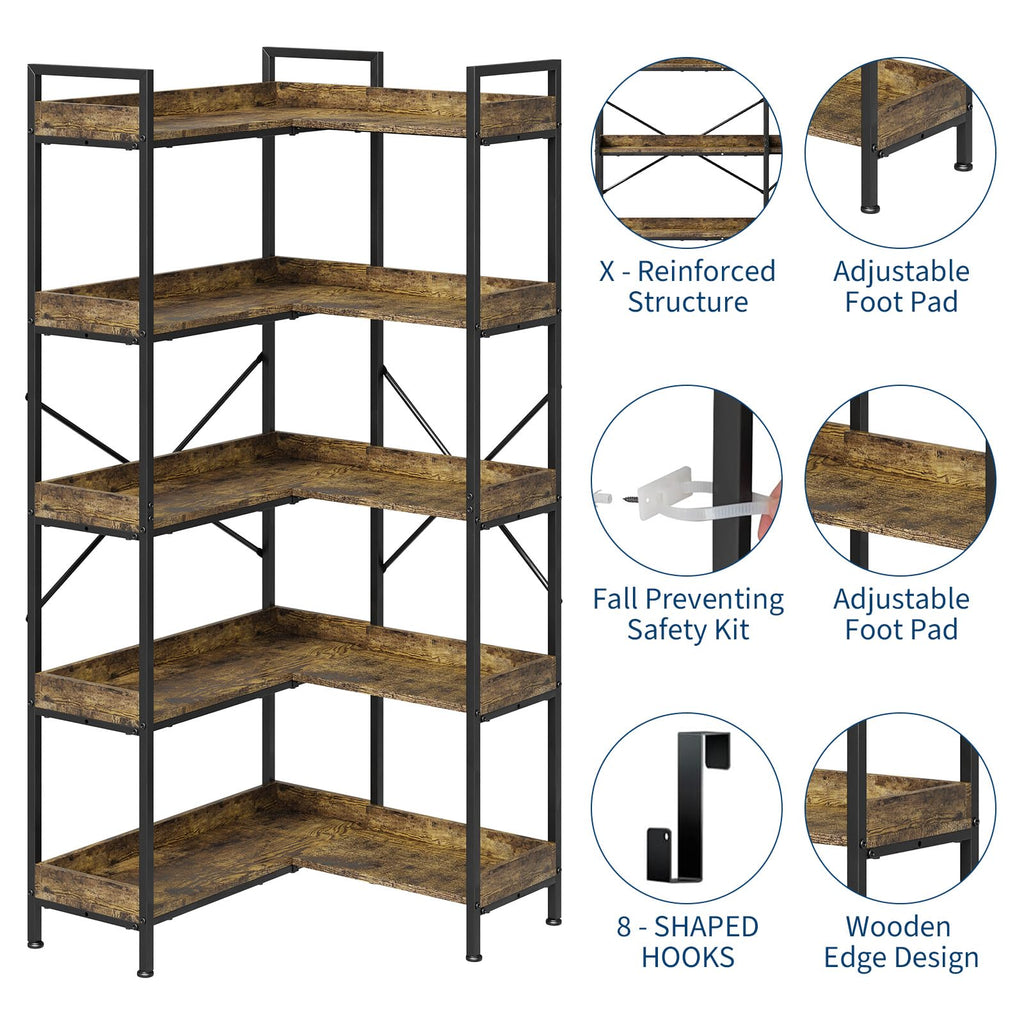 L-Shaped Corner Bookshelf 5 Tier Industrial Bookcase with 4 Hooks G639