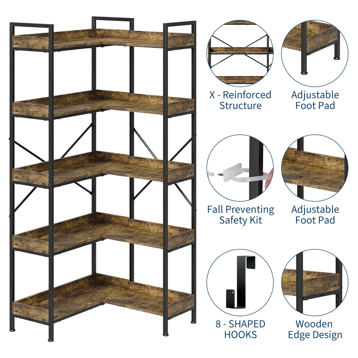 L-Shaped Corner Bookshelf 5 Tier Industrial Bookcase with 4 Hooks G639
