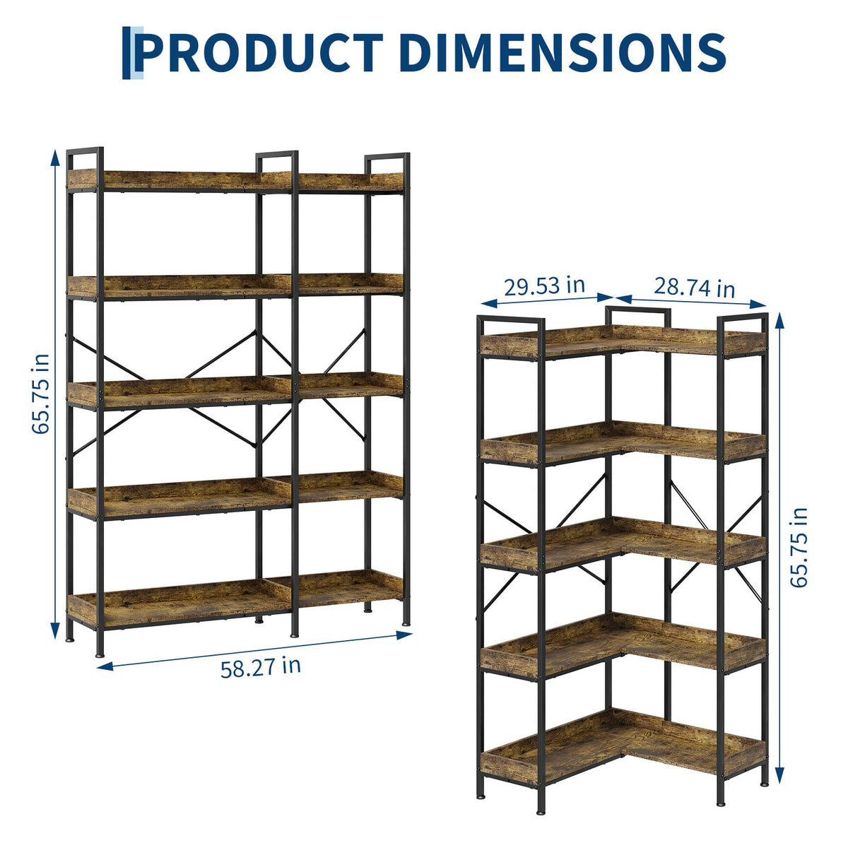 L-Shaped Corner Bookshelf 5 Tier Industrial Bookcase with 4 Hooks G639