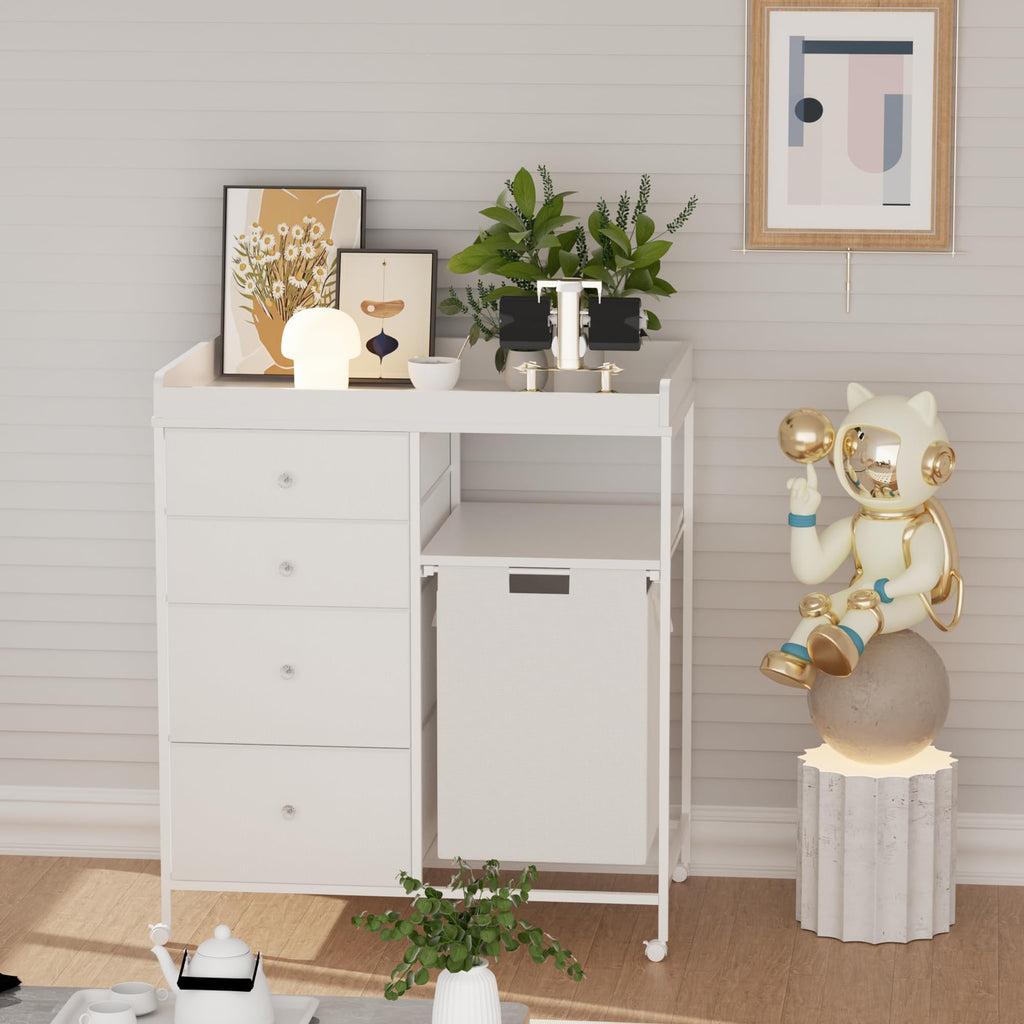 White 4 Drawer Changing Table Dresser with Laundry Hamper X3078