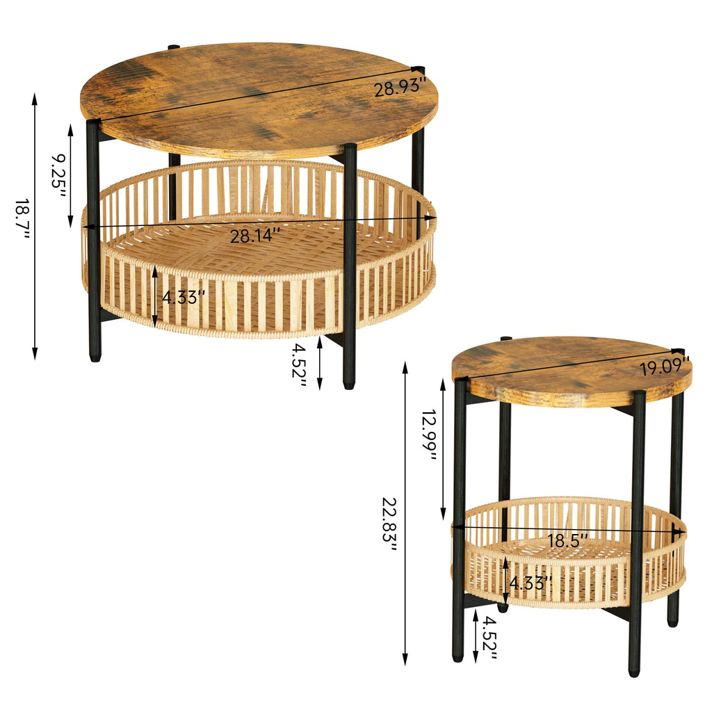 3 Pieces 2 Tier Round Rattan Coffee Table Set with Metal Frame M901255