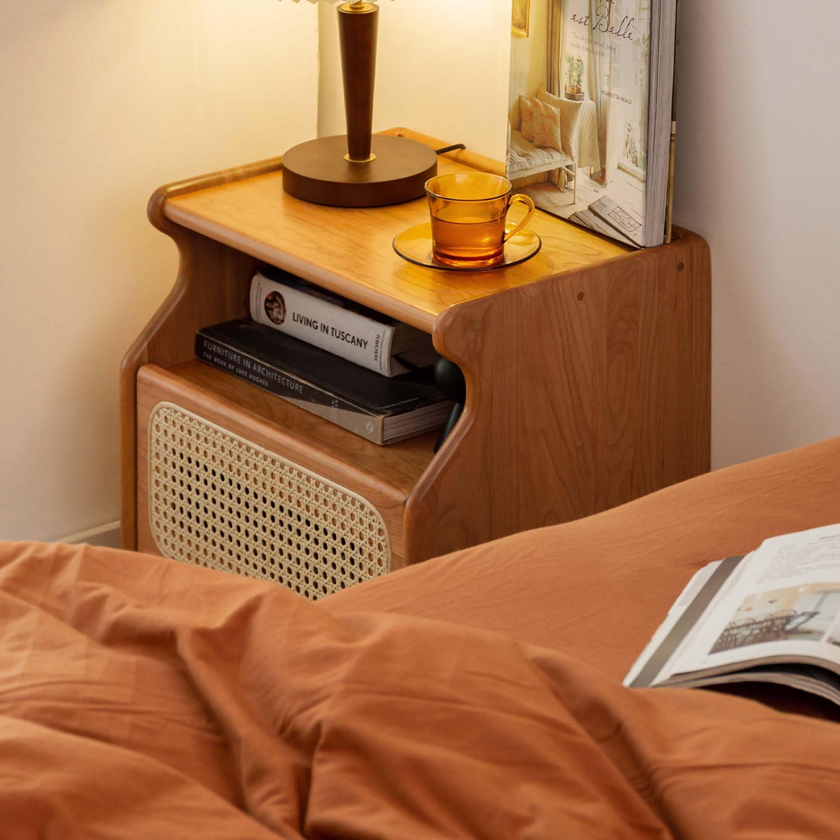 Cherry Wood Rattan Nightstand with Drawer X87835