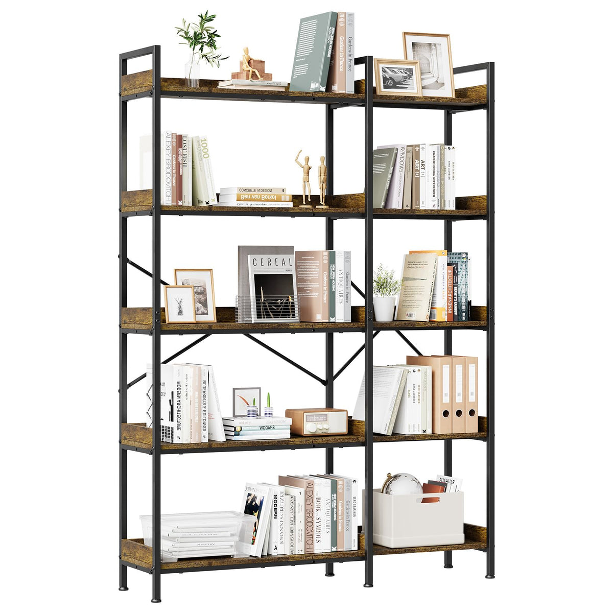 L-Shaped Corner Bookshelf 5 Tier Industrial Bookcase with 4 Hooks G639