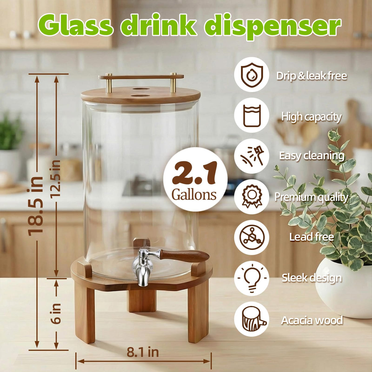 2.1 Gallon Glass Beverage Dispenser with Stand and Stainless Steel Spigot A584432