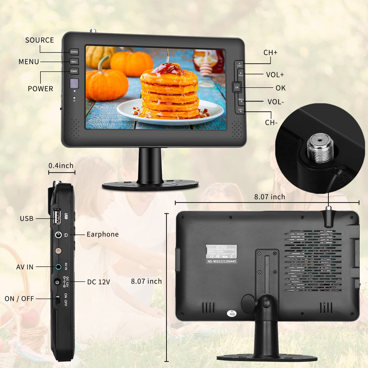 9" IPS Screen Portable TV with ATSC Tuner and Rechargeable Battery D2899