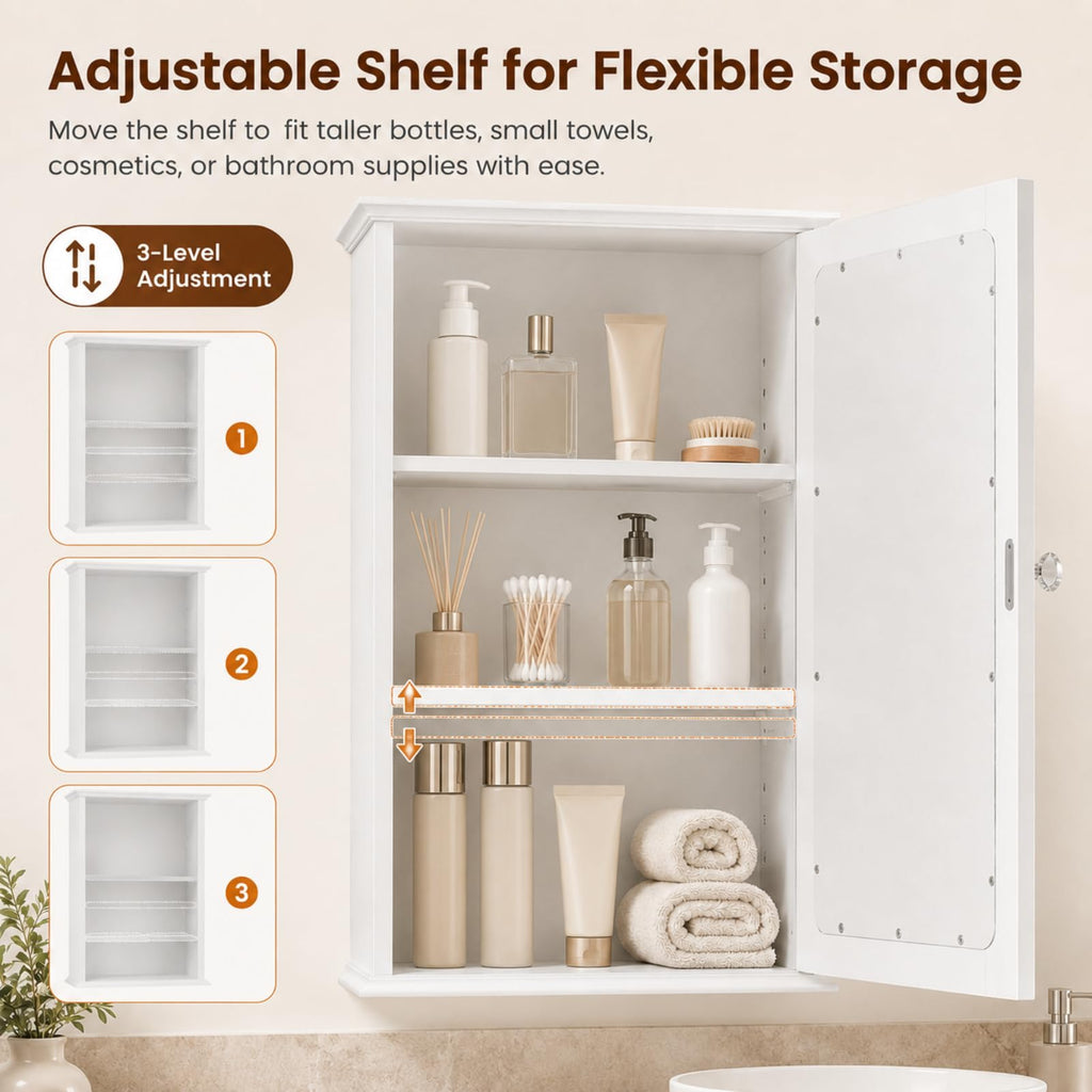 White Mirrored Medicine Cabinet with Single Door and 2 Adjustable Shelves M728104