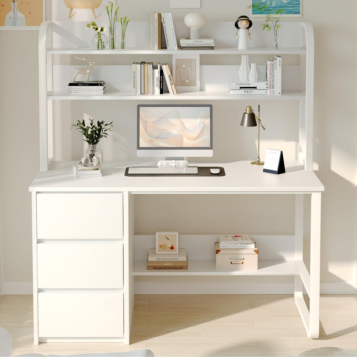 White Desk with Hutch, 47 Inch Computer Desk with 3 Drawers X630