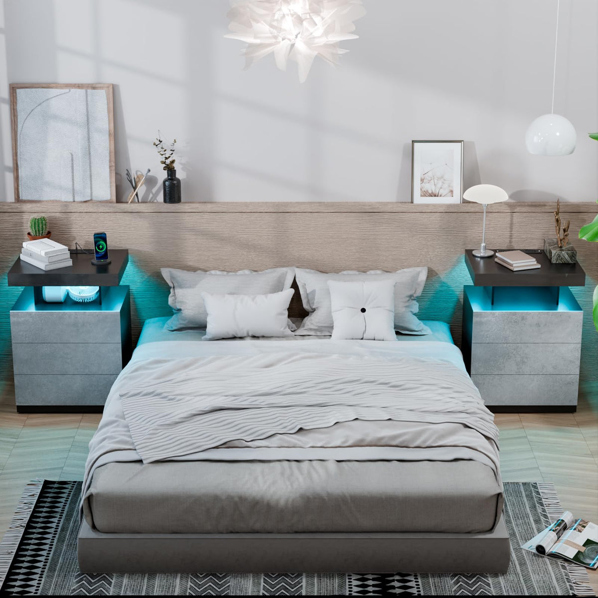 LED Nightstand with Wireless Charging Station & USB Ports, 3 Drawer High Gloss Gray U998200
