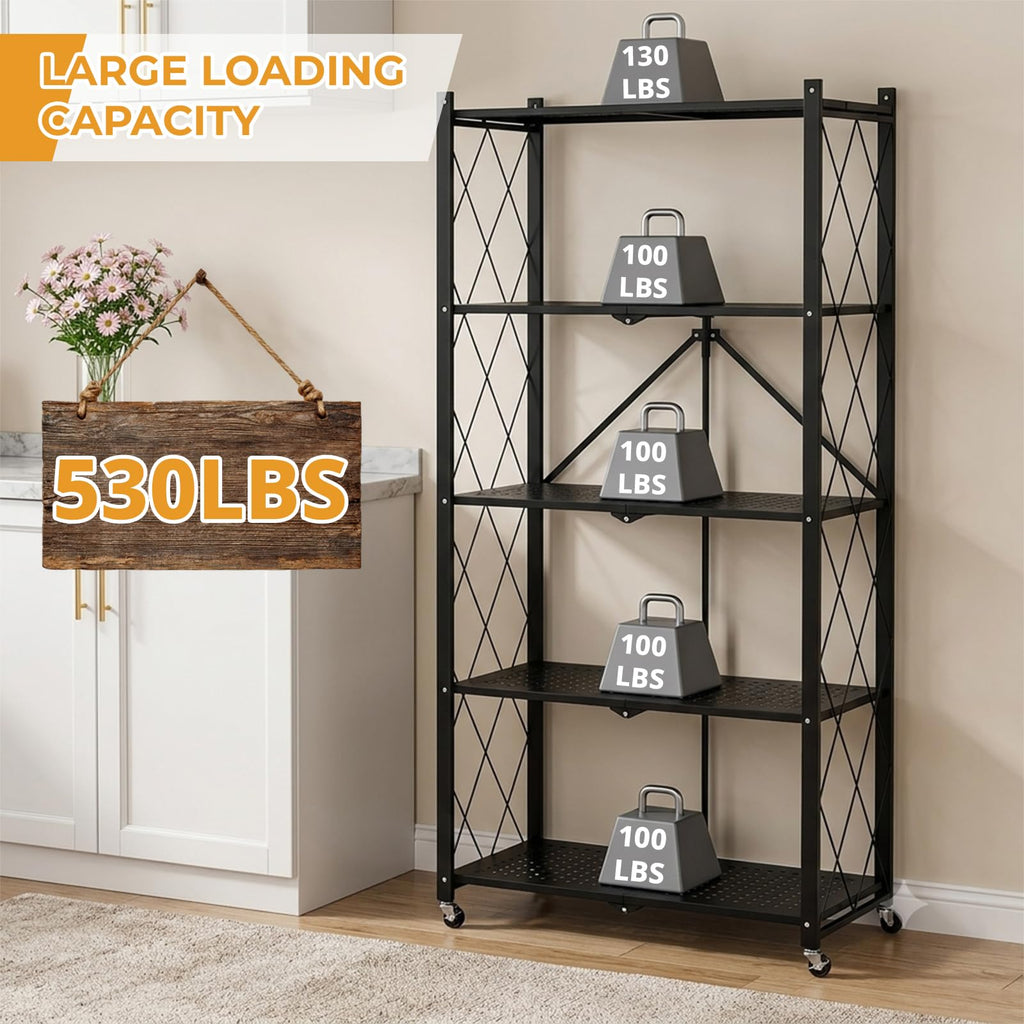 5 Tier Foldable Metal Storage Shelf with Wheels I73737