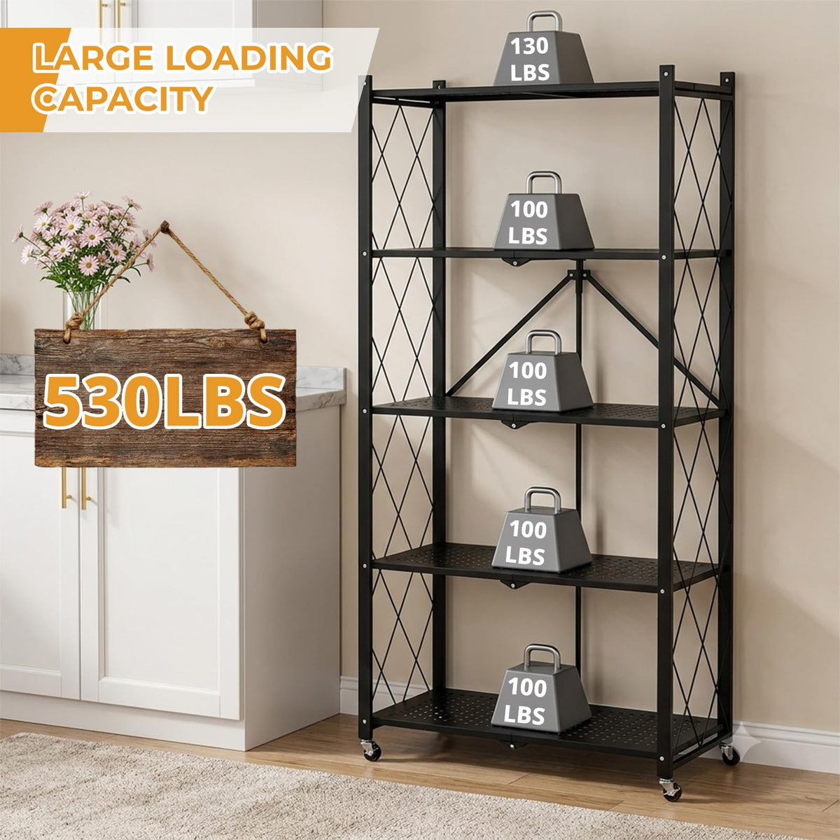 5 Tier Foldable Metal Storage Shelf with Wheels I73737