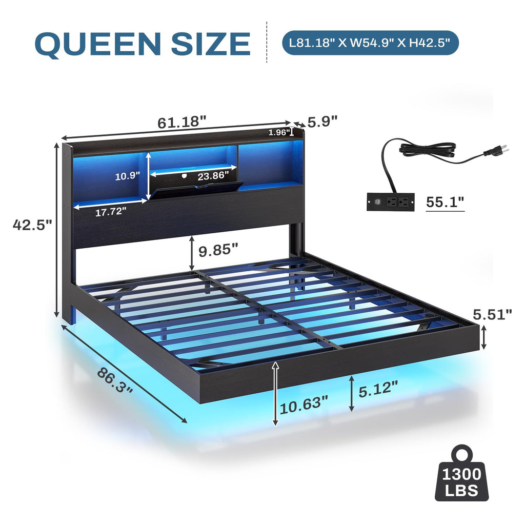 Queen Size Metal Platform Bed Frame with LED Lights and Storage Headboard U326
