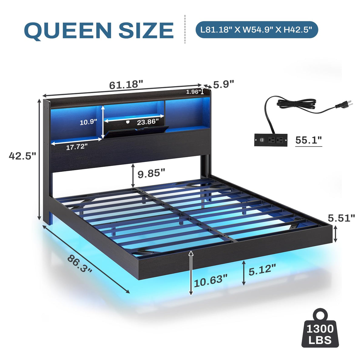 Queen Size Metal Platform Bed Frame with LED Lights and Storage Headboard U326