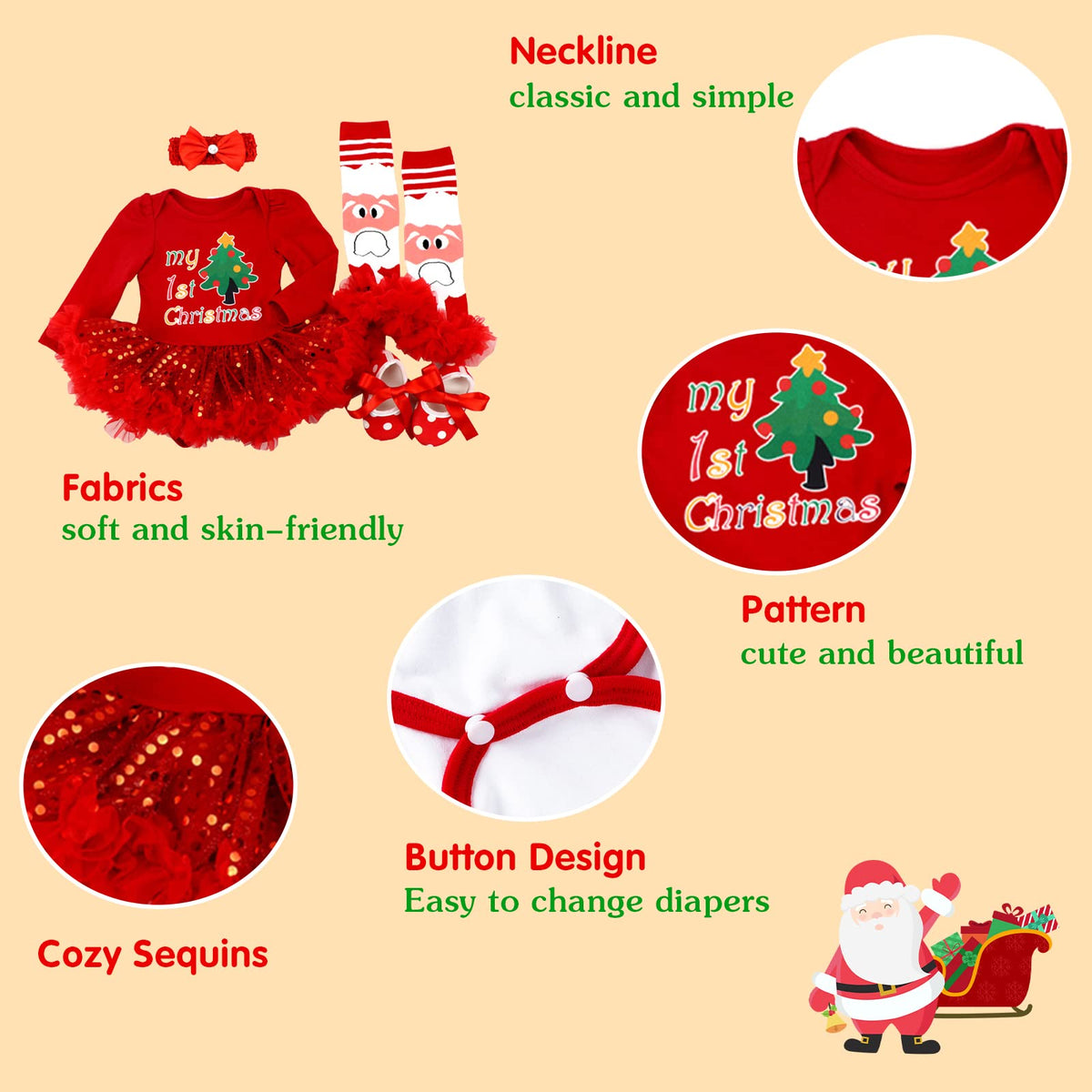 Baby Girls First Christmas Outfit Newborn Romper Tutu Dress with Shoes Headband Leg Warmer E3426