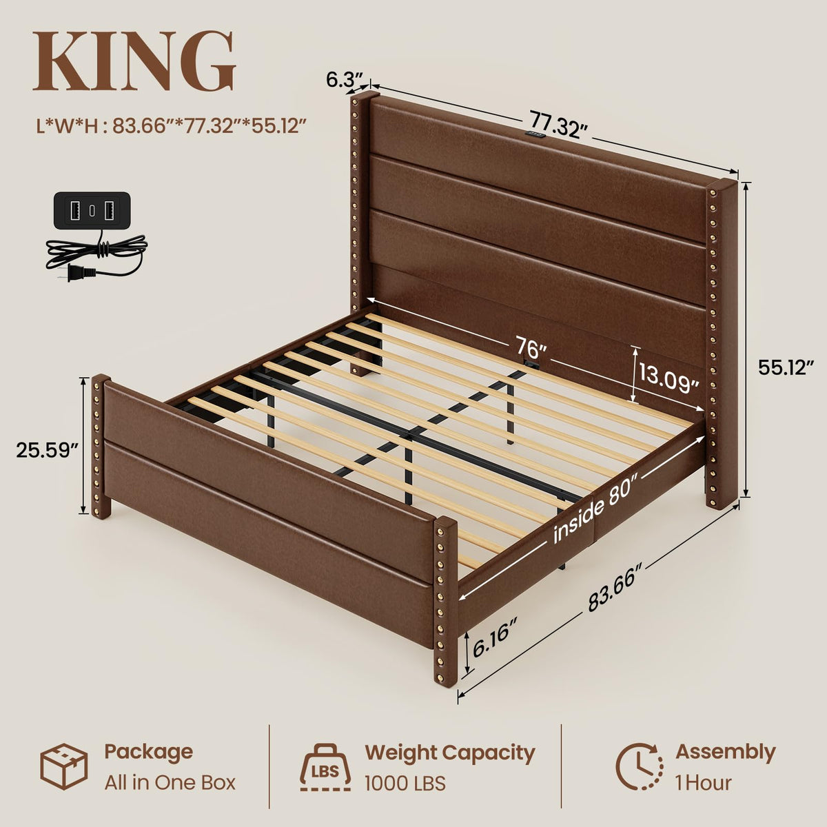 King Size Brown Faux Leather Platform Bed Frame R988