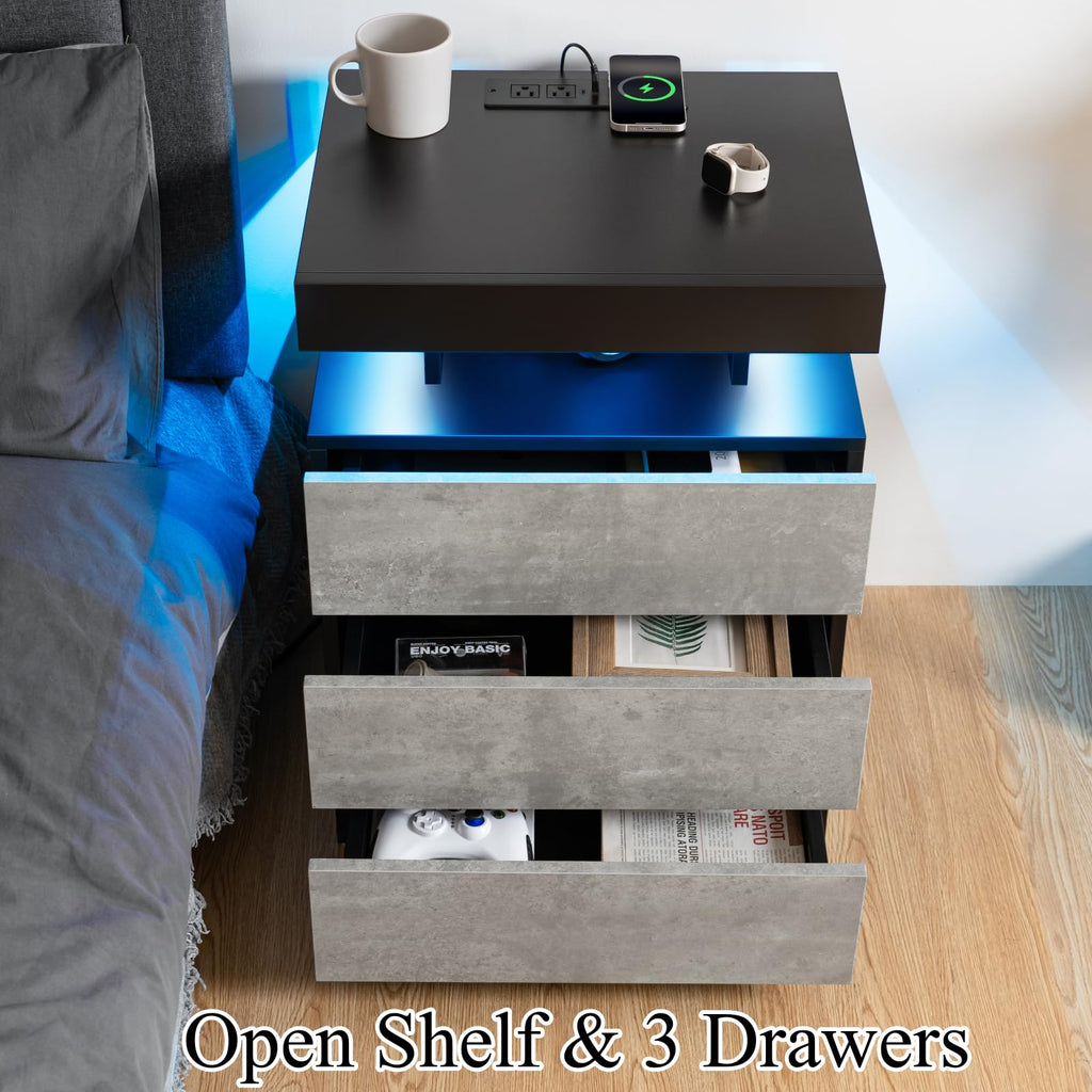 LED Nightstand with Wireless Charging Station & USB Ports, 3 Drawer High Gloss Gray U998200
