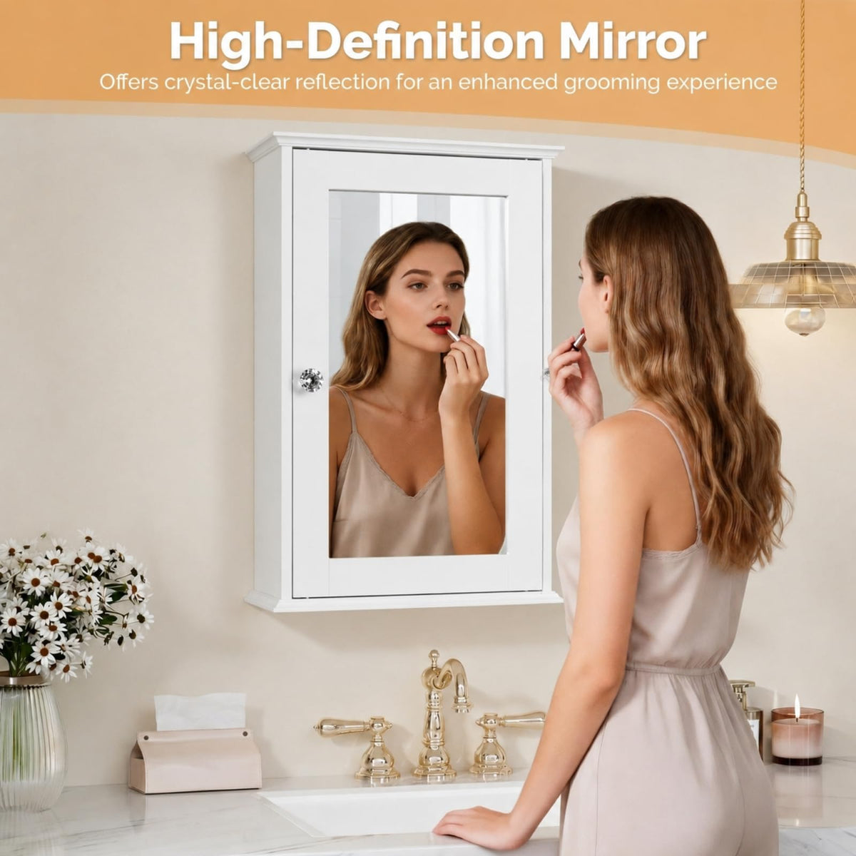 White Mirrored Medicine Cabinet with Single Door and 2 Adjustable Shelves M728104