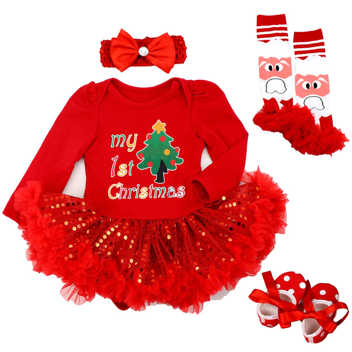 Baby Girls First Christmas Outfit Newborn Romper Tutu Dress with Shoes Headband Leg Warmer E3426