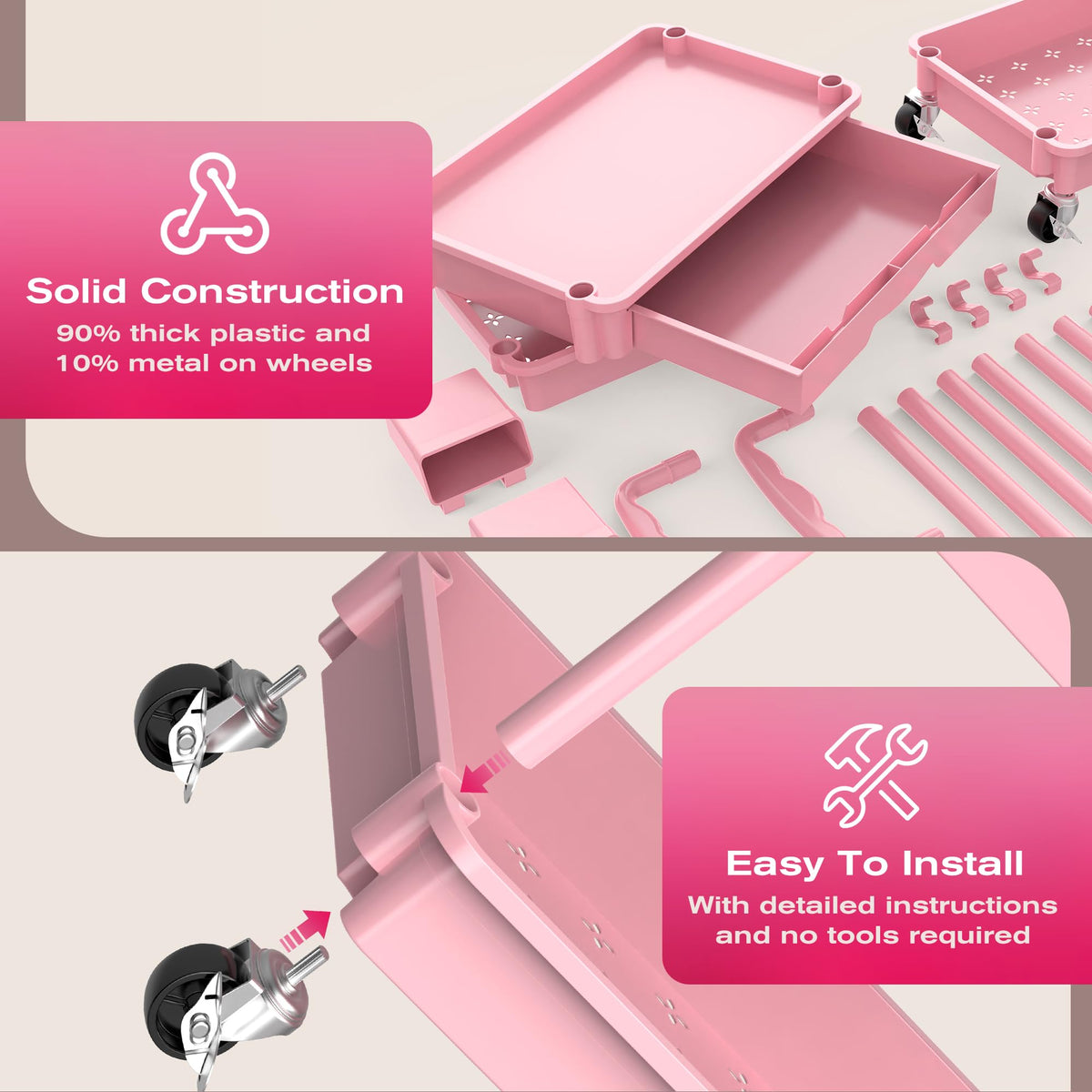 Pink 3 Tier Rolling Makeup Organizer Cart Y683933
