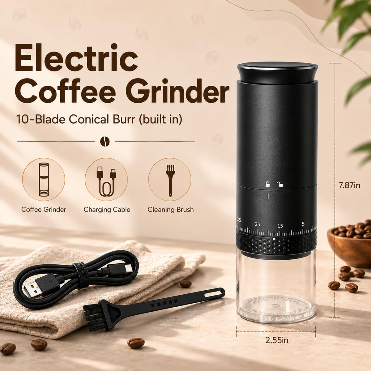 Portable Electric Coffee Grinder, Stainless Steel Conical Mill, USB-C Cordless, 38 Adjustable Grind Settings O746