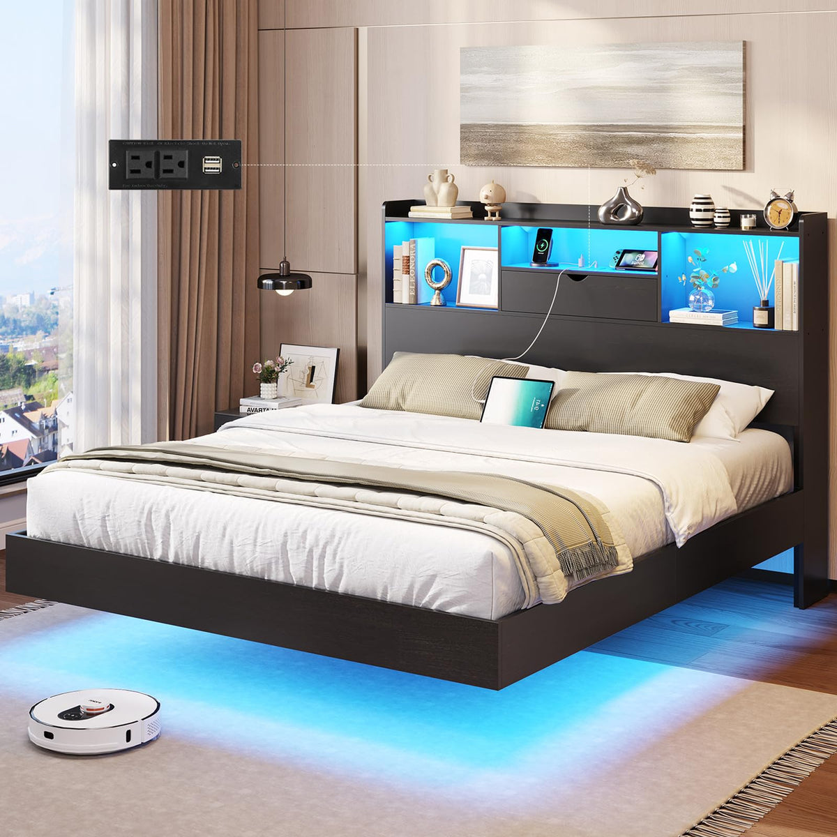 Queen Size Metal Platform Bed Frame with LED Lights and Storage Headboard U326