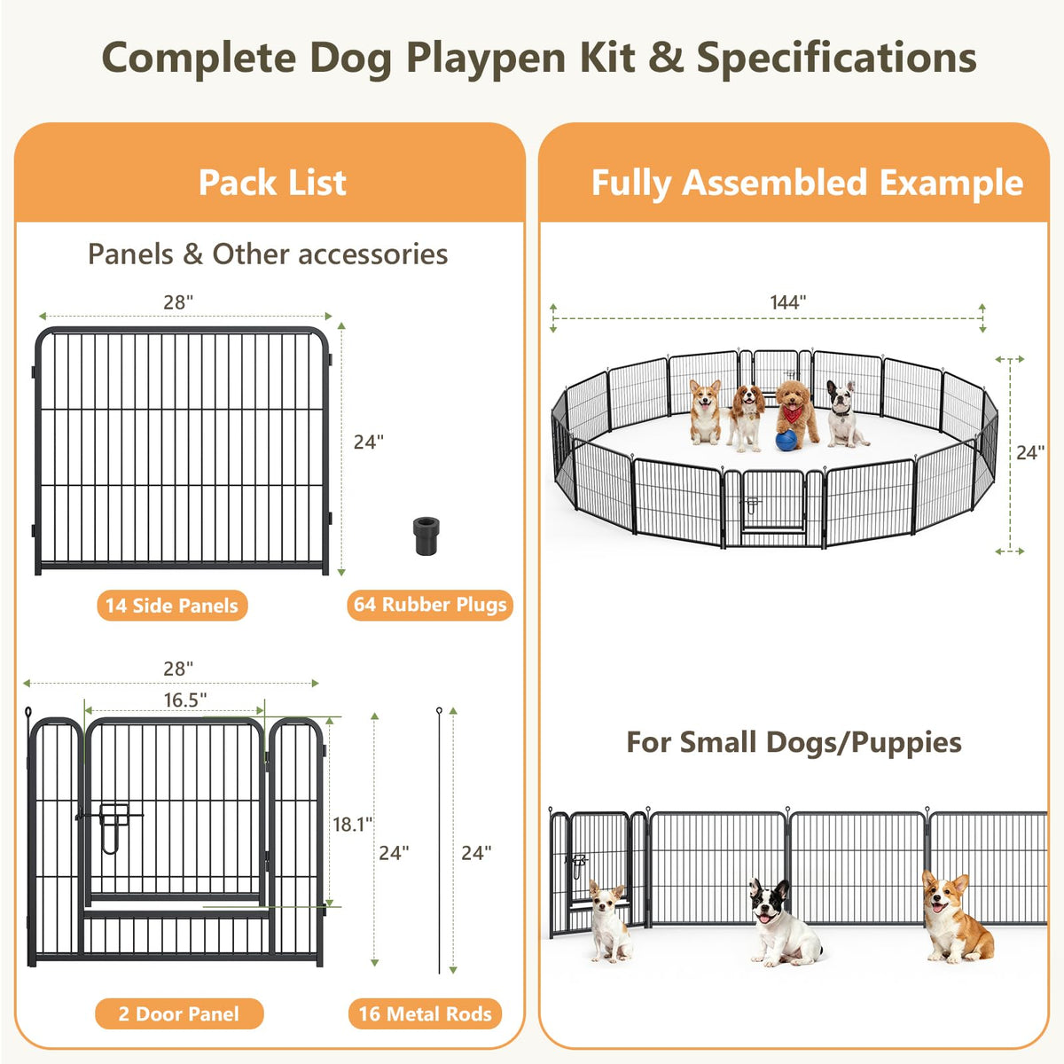 24" Height 16 Panels Foldable Metal Dog Playpen with Door E3285