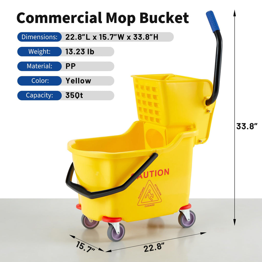Yellow 35 Quart Commercial Mop Bucket with Side Press Wringer on Wheels V159