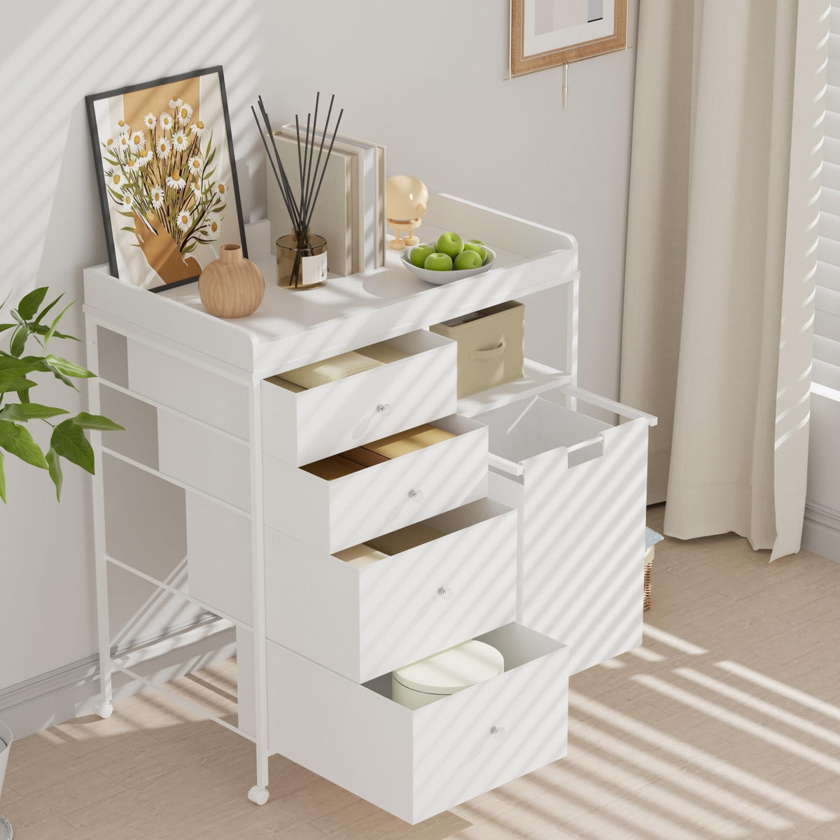 White 4 Drawer Changing Table Dresser with Laundry Hamper X3078