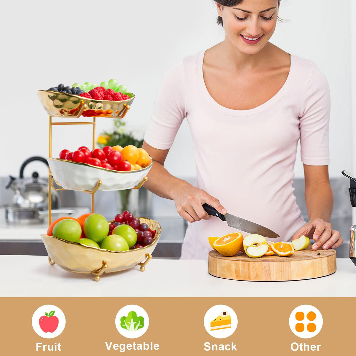 3 Tier Ceramic Fruit Basket with Metal Stand D166501