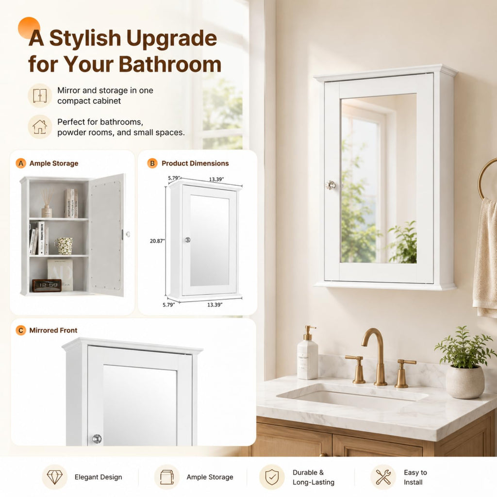 White Mirrored Medicine Cabinet with Single Door and 2 Adjustable Shelves M728104