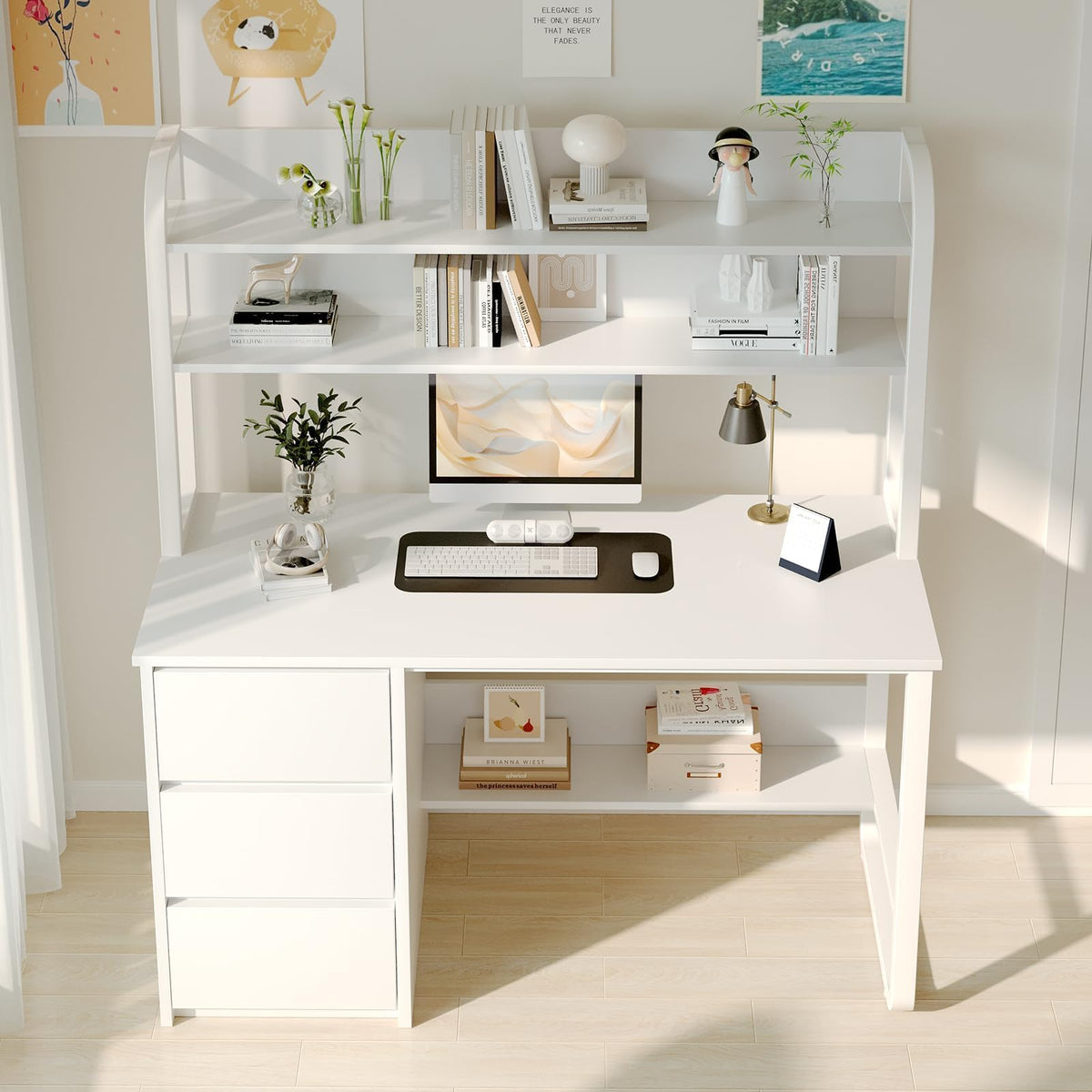 White Desk with Hutch, 47 Inch Computer Desk with 3 Drawers X630