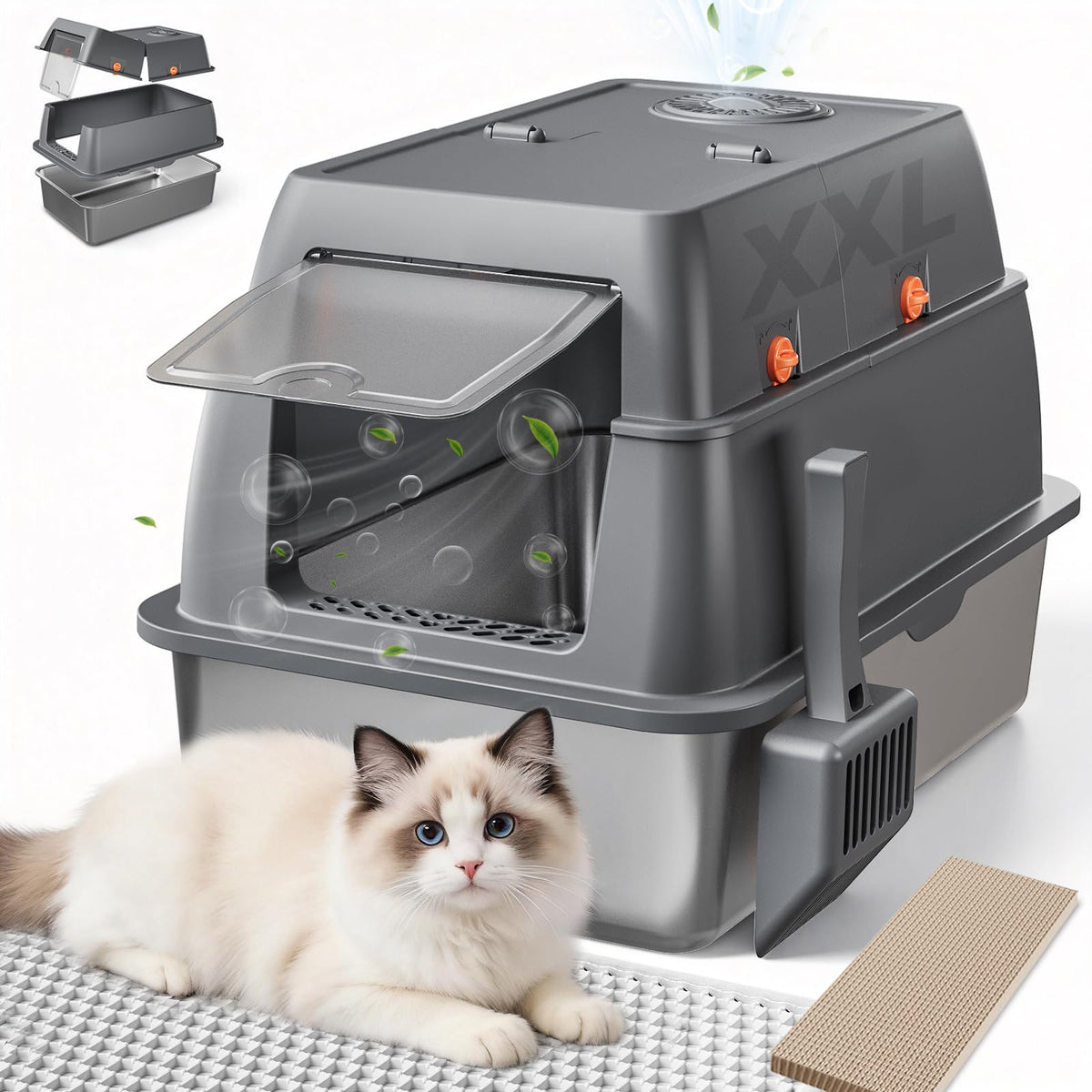 XXL Stainless Steel Enclosed Cat Litter Box with Lid, Mat & Scoop O551