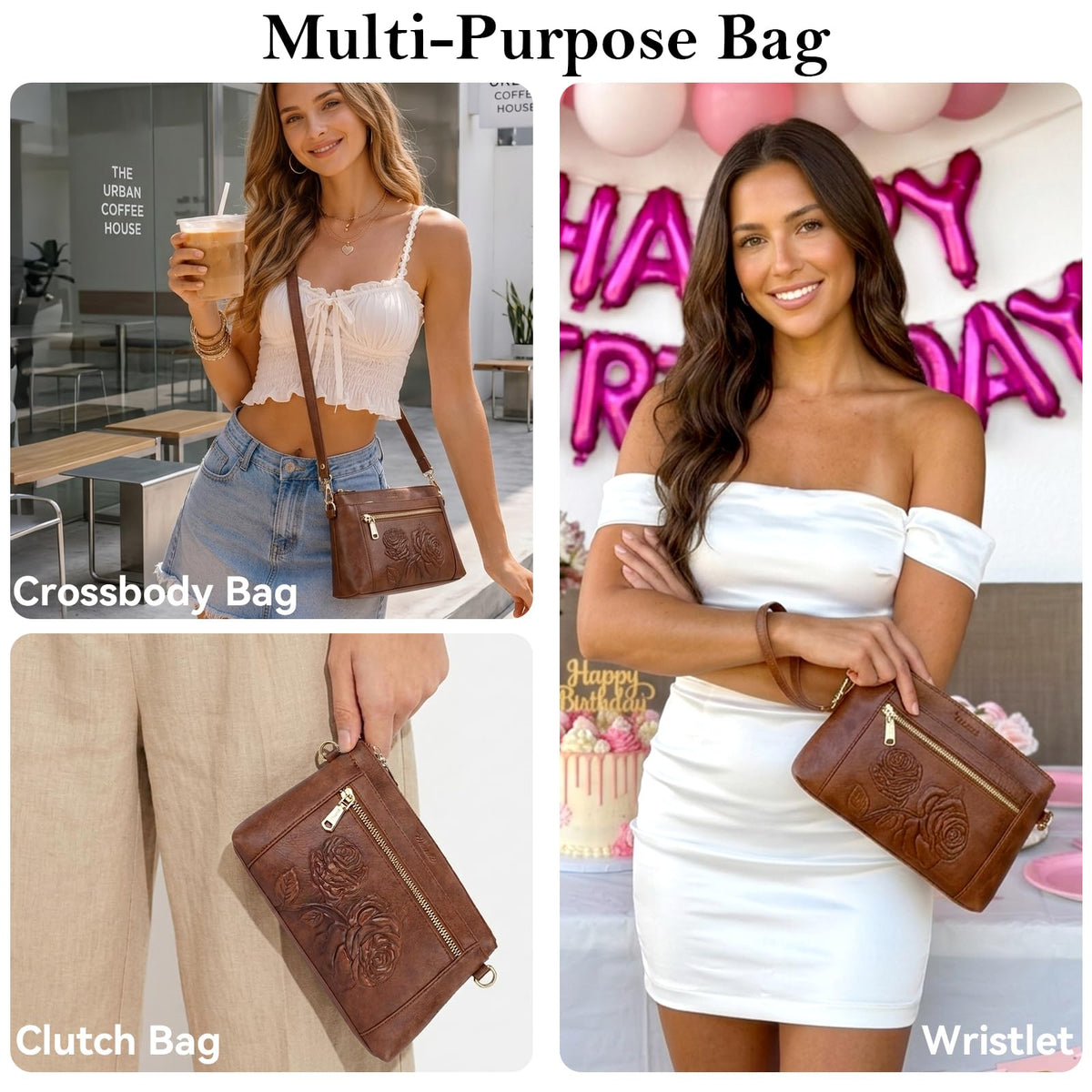 Floral Embossed Vegan Leather Crossbody Bag B354