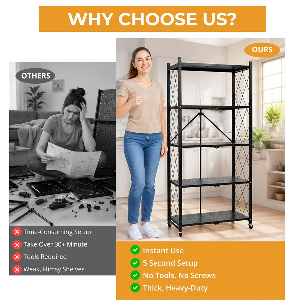 5 Tier Foldable Metal Storage Shelf with Wheels I73737